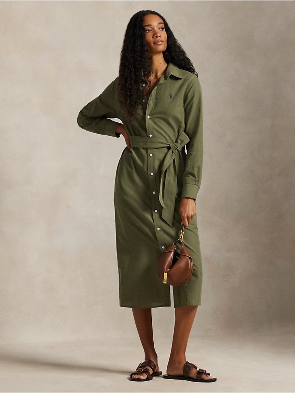 Polo Ralph Lauren Olive Green Cotton Belted Midi Long Sleeve Shirtdress Size 00